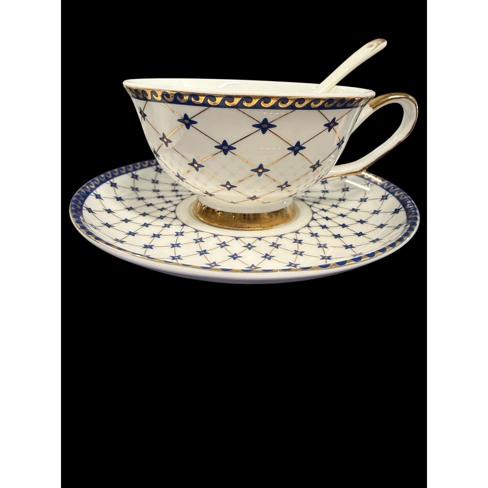 Porlien Steve & Won Porcelain Blue White Gold Stars Tea Cup, Saucer & Spoon NIB